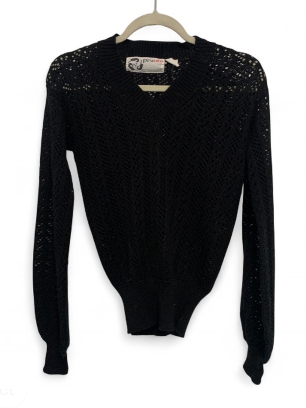 Black Open-Knit V-Neck Sweater